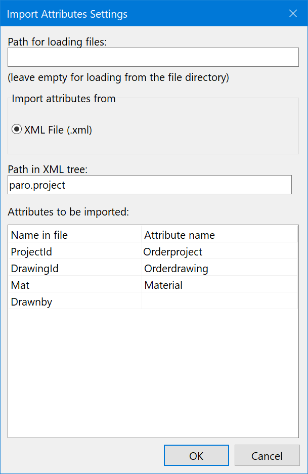 Import Attributes Settings dialog with example settings