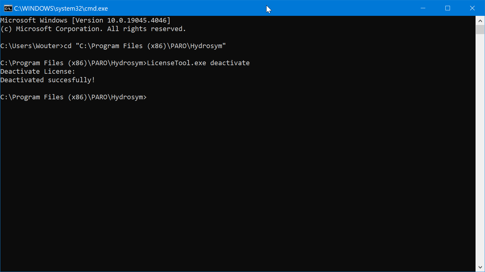 Windows Command Prompt executing LicenseTool.exe deactivate