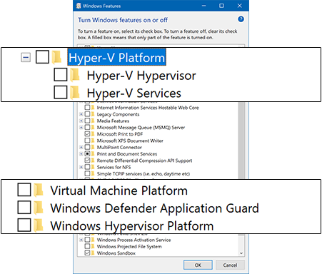 Screenshot highlighting Hyper-V features in ‘Turn Windows features on or off’ dialog