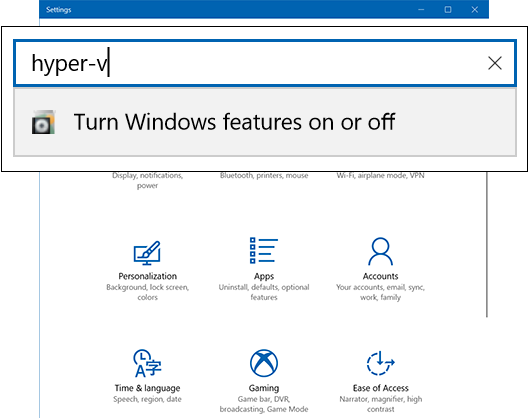 Screenshot of Settings Search list with Hyper-V option visible